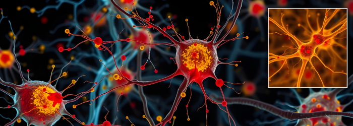 degenerating motor neurons in ALS, showing TDP-43 protein aggregates (red), swollen mitochondria (yellow), and fragmented axons.