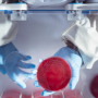 Microbiologist inside anaerobic cabinet checking bacteria growth on petri dish